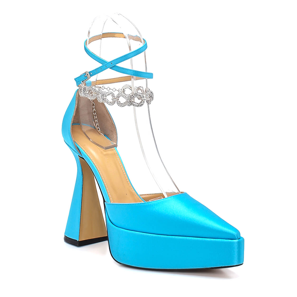 Mach & Mach - Turquoise Satin Crystal Embellished Chain Ankle Strap Platform Pumps 38